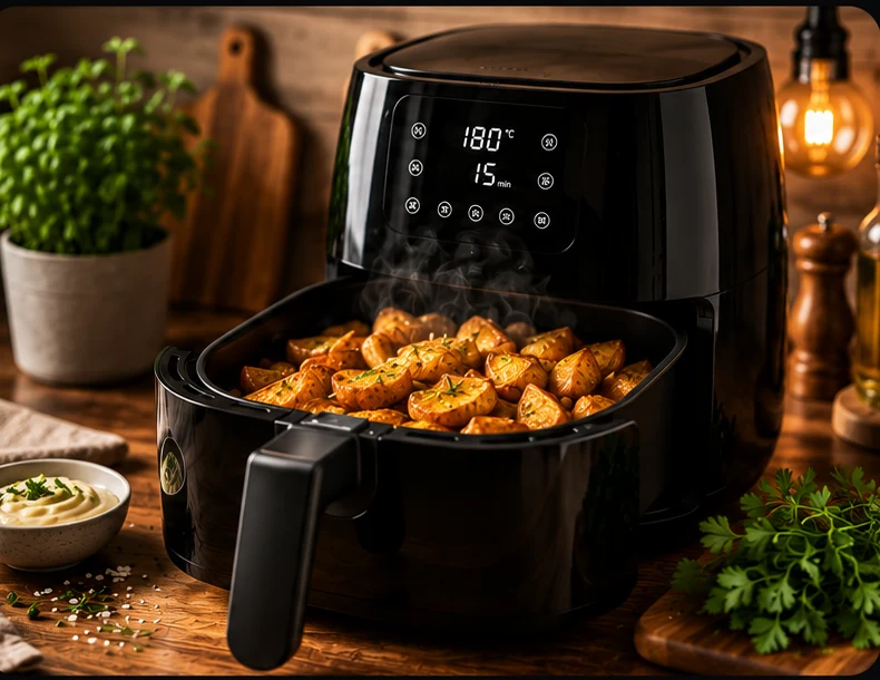 Airfryer mit knusprig gerösteten Kartoffelwürfeln und Kräutern