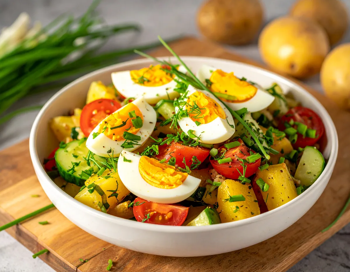Bauernsalat mit Kartoffeln, Ei, Gurke und Tomaten