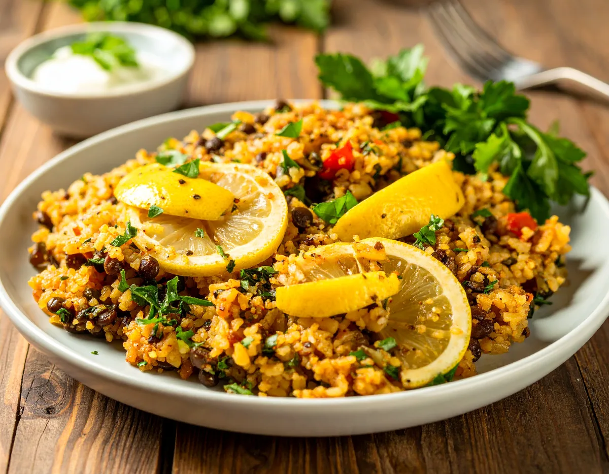 Türkisches Bulgur-Pilav mit Linsen, mit Zitrone und Petersilie angerichtet