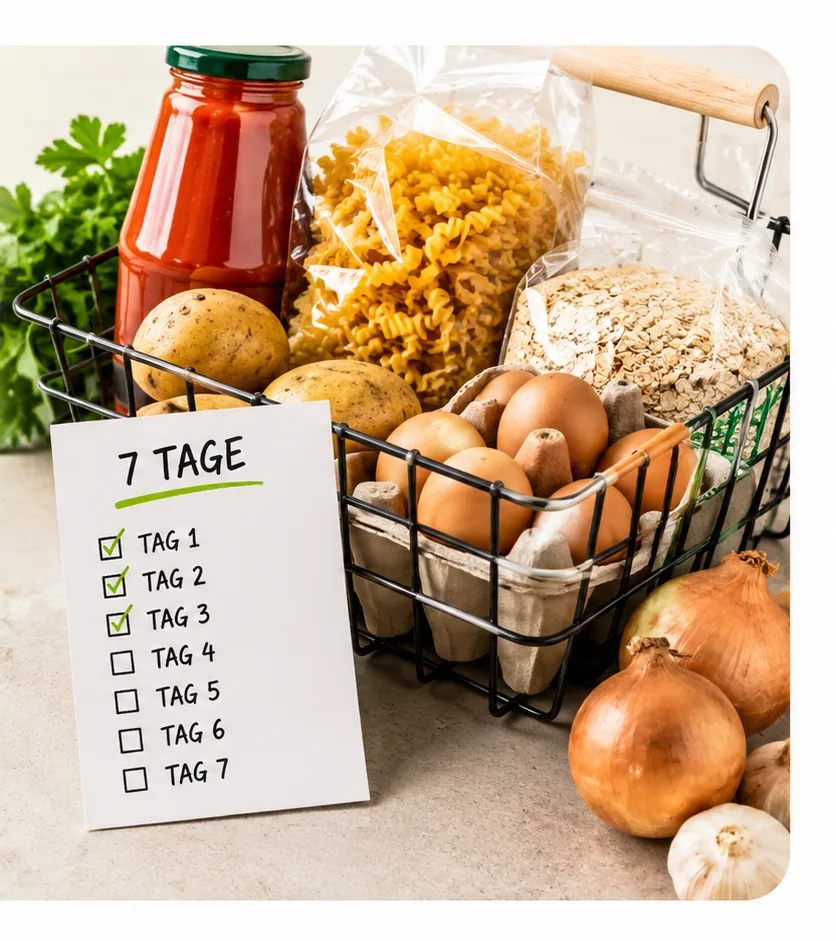Einkaufskorb mit Nudeln, Tomatensoße, Kartoffeln, Eiern und Haferflocken, davor eine 7-Tage-Checkliste