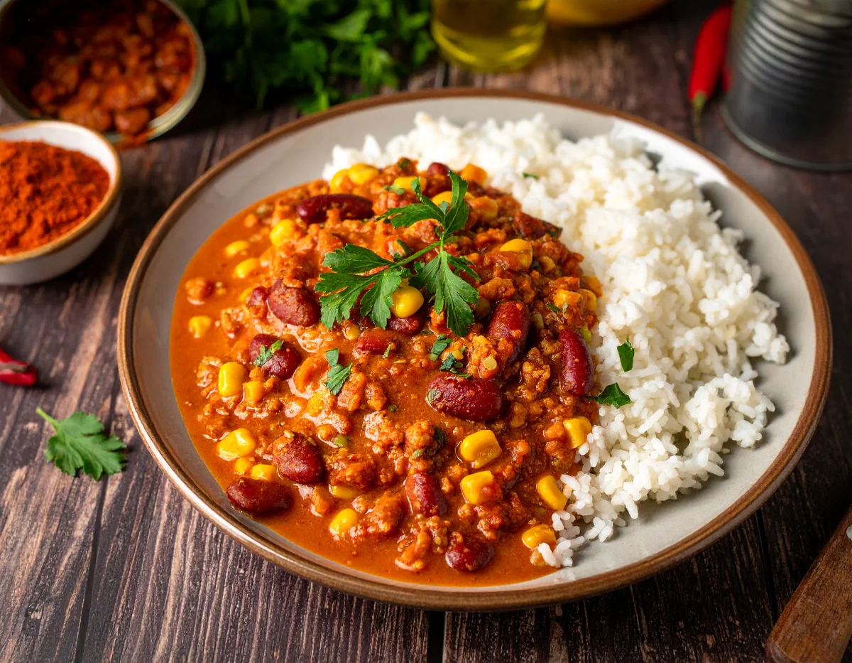 Vegetarisches Chili sin Carne mit Kidneybohnen, Mais und Tomatensauce, serviert mit Reis