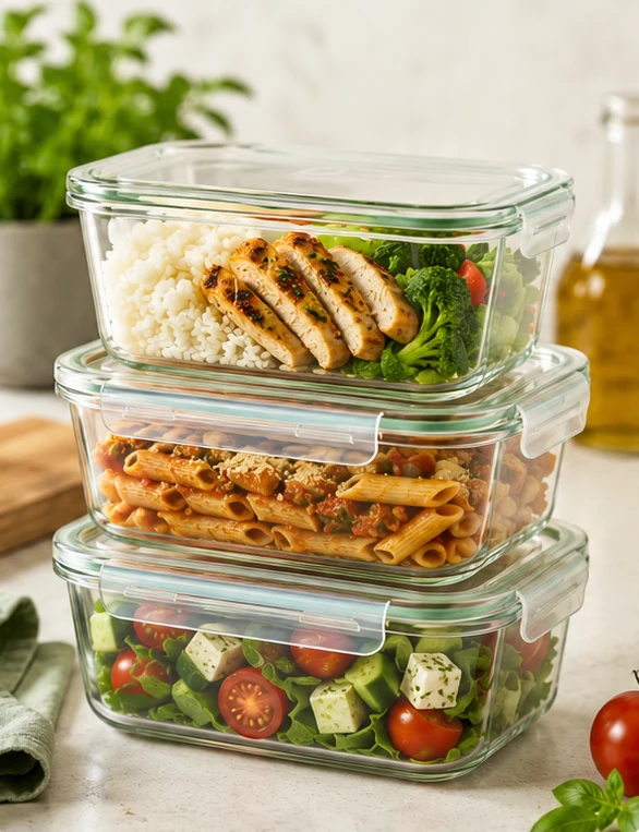 Drei gestapelte Glas-Frischhaltedosen mit vorgekochten Mahlzeiten: Hähnchen mit Reis und Brokkoli, Pasta mit Kichererbsen, Salat mit Feta und Tomaten