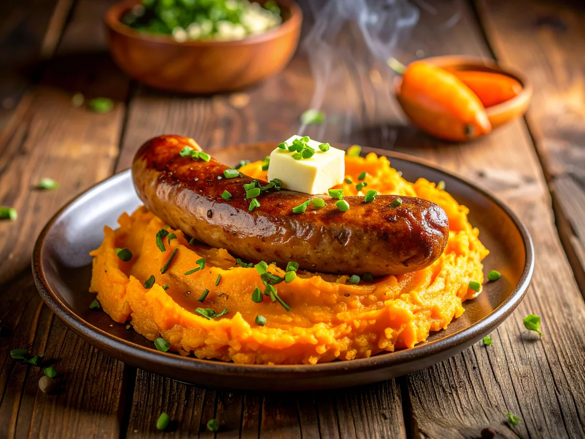 Möhren-Kartoffelstampf mit Bratwurst