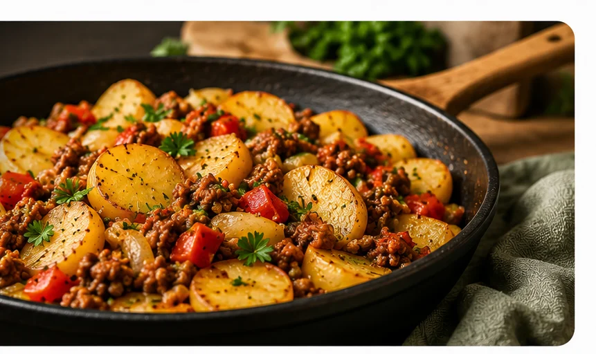 Bratpfanne mit Kartoffeln, Hackfleisch und Paprika