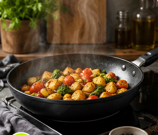 Bratpfanne mit angebratenem Gemüse und Kartoffeln auf dem Herd