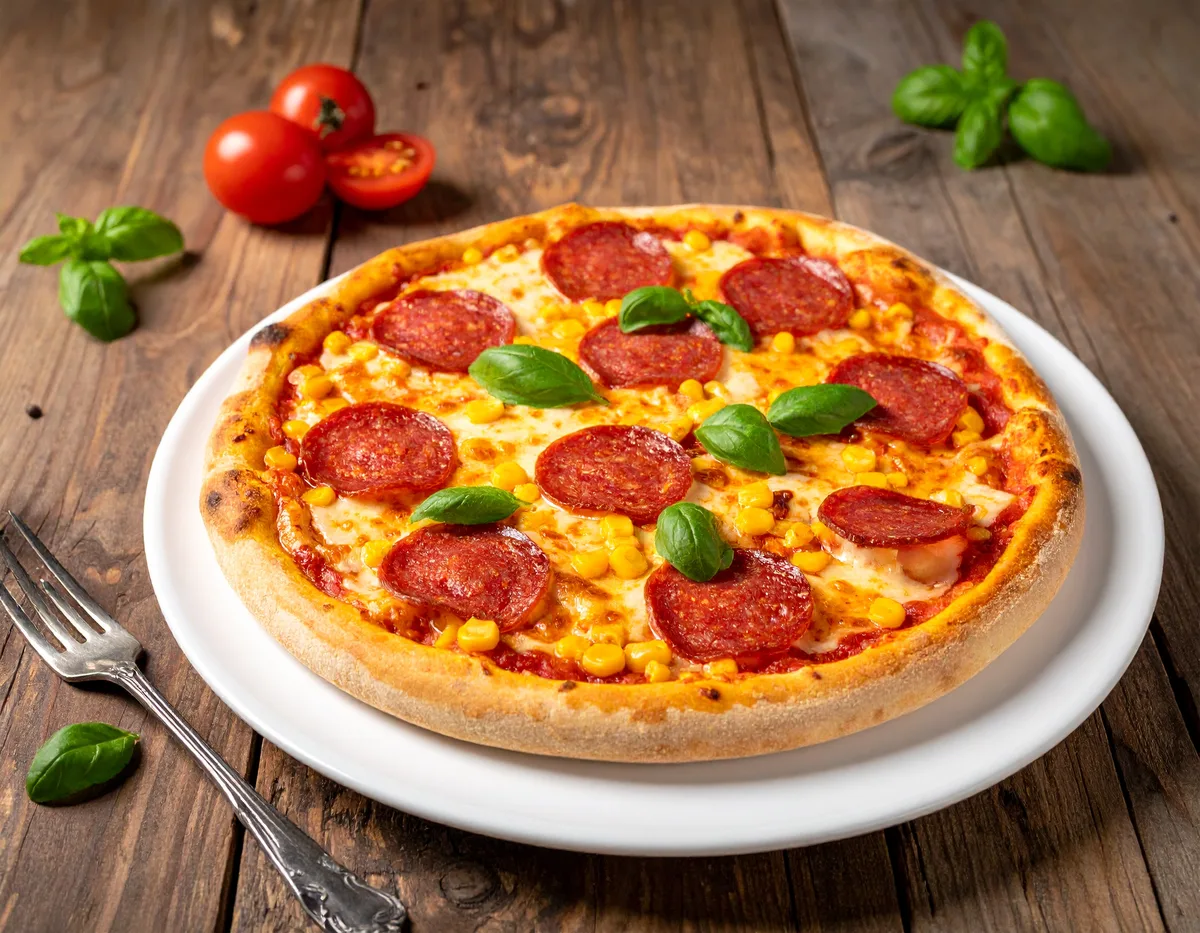 Salami-Pizza mit Mais