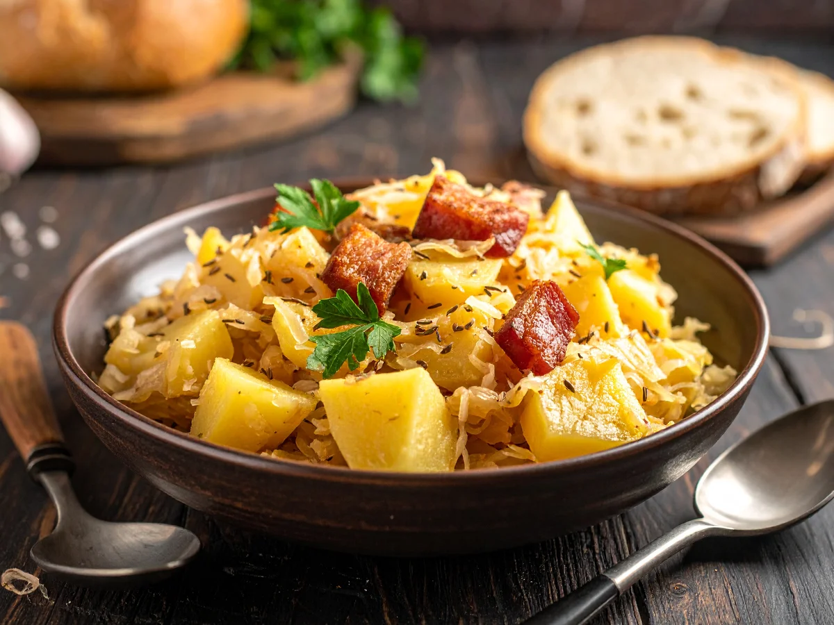 Sauerkraut-Eintopf mit Kartoffeln und Speck