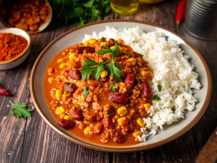 Chili sin Carne mit Reis und Joghurt