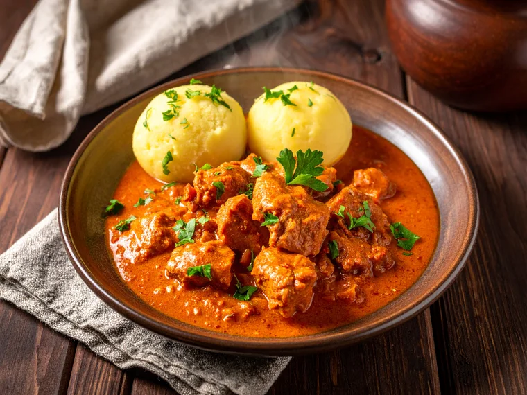 Hähnchen-Gulasch mit Kartoffelklößen